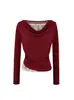 A1025-Estilo Desejo Puro Moda Hot Girl Camiseta Fashionável com Gola Sino Manga Longa para Mulheres 2025 Novo Sexy Slim Fit Top Falso Duas Peças