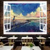 Tela de Fondo en Vivo Ventana de Piso a Techo Extensión Visual del Espacio Tela de Pared Mural Tapiz Sala de Estar Paisaje Marino Ventana Falsa Tela Colgante
