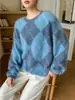 Otoño Invierno 2026 Cuello Redondo Patrón de Diamantes Tejido de Lana Felpa para Mujer Grueso Estilo Perezoso Retro Cepillado Suéter Holgado
