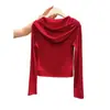 Camiseta Larga con Capucha Roja Navideña para Mujer 2026 Principios de Primavera y Otoño Cárdigan Año Nuevo Chaqueta Corta Roja Top