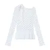 Pajarita de Puntos Blancos con Camiseta para Mujer Otoño Encaje Diseño Delgado Top de Manga Larga Ins