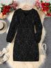 Vestido de Punto para Salir de Moda Independiente Juvenil con Lunares Plateados, Cuello en V, Manga Larga, Delgado, Madura