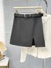 Saia de Terno Cinza com Fenda Estilo Coreano Casual Roupas Femininas Toque de Luxo Saia Curta Saia Anti-rasgo com Cinto 9338