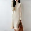 Vestido de punto de lana 100% con encaje de hoja de loto para mujer, longitud media, cuello semi-alto, manga larga, jersey, corte holgado, vestido de una pieza