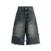 Shorts Jeans Americanos Desconstruídos Rasgados com Franjas para Homens e Mulheres Marca Trendy Calças Sete-Décimos Wide-Leg Vintage Design de Rua Calças de Comprimento Médio