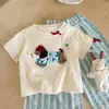 Conjunto de Verão para Meninas 2025 Nova Camiseta Cartoon Dachshund Conjunto de Saia para Meninas Calça Larga Listrada Infantil