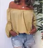 Camisa de Mujer de Manga Larga, Color Sólido, Algodón-Lino, Fruncida Elástica, Hombros Descubiertos, Talla Grande Holgada, Estilo Europeo y Americano, En Stock, 2026