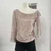 Top Ruoxin atmosférico con volantes, manga tres cuartos, pliegues laterales florales, de un solo hombro para mujer