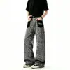 Jeans Retro Americanos de Retazos con Estampado de Leopardo para Hombre y Mujer con Diseño de Bolsillo de Parche, Pantalones Rectos de Pierna Ancha Casuales Sueltos