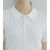 Camiseta Aberta com Gola Lapela para Mulheres, Manga Curta, Estilo Verão, Estilo Minimalista Americano, Design em Tricô Arrastão, Top de Tricô