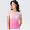 2026 Verão Novo Gradiente Secagem Rápida Corrida Fitness Manga Curta Slim Camiseta de Yoga Top Esportivo Alta Elasticidade para Mulheres