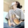 Camiseta Cinza de Algodão com Cor Contrastante de Manga Curta para Mulheres Pequenas Verão Retrô Estampa Americana Solta Gola Redonda Manga Meia