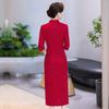 Vestido de novia rojo Cheongsam para suegra, elegante y de alta gama, estilo chino, corto y de manga larga.