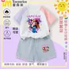 Conjunto de Camiseta de Manga Corta con Bloques de Color de Chica Bruja Kpop Girls, Nuevo Estilo de Verano para Niños Mayores, Conjunto de Verano con Shorts de Mezclilla