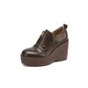 Saltos Plataforma de Couro Genuíno com Bico Redondo e Salto Grosso, Sapatos de Salto Alto, Novo Modelo 2026, Plataforma Impermeável, Zíper Frontal, Sapatos de Couro Marrom de Pele de Ovelha