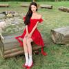 Vestido Rojo Francés de Lunares con Manga Corta Volada y Hombros Descubiertos para Mujer con Temperamento de Verano y Falda Corta Irregular con Cinta