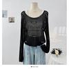 Design de Estilo Coreano Senso de Design Nicho Indústria Pesada Cravejado de Diamantes Vazado Manga Longa Malha Suéter Feminino Verão Novo Micro-transparente Blusa Top Feminino
