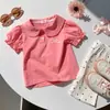 Camiseta Nueva de Verano para Niña, Manga Corta, Color Caramelo, Delgada, con Lazo y Cuello de Muñeca, Elegante Top para Bebé con Mangas de Linterna de Media Longitud