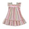 Vestido de Pastel con Solapa Estampado a Rayas de Colores Arcoíris para Niñas, Estilo Verano 2026, Mangas Volantes de Algodón Estilo Coreano para Niños