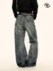 Jeans Azules Retro Vintage Americanos Yongfang para Mujer, Corte Holgado, Lavados con Efectos de Bigotes, Modernos, Plisados, Casuales, Corte Ajustado, Pantalones de Largo Completo