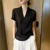 Camisa jacquard preta da moda com decote V e mangas curtas para mulheres, verão 2026, plus size, top único e deslumbrante para mulheres plus size