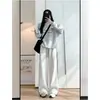 Talla Grande 150kg Blanco-Gris para Mujer Primavera-Verano Delgados de Pierna Recta Pierna Ancha Rayados Sueltos Estilo Perezoso Pantalones de Chándal