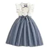 Ropa para Niños de Venta Caliente Transfronteriza de Amazon 2026 Verano Nuevo Vestido de Princesa Elegante de Malla con Mangas de Mosca y Bloques de Color