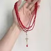 Collar Multicapa con Colgante de Cruz en Forma de Serpiente con Cuentas de Cristal Rojo para Mujer Gargantilla de Personalidad de Moda Cadena para Clavícula de Chica Popular