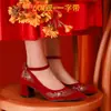 Zapatos de Boda Xiuhe Estilo Chino con Grulla Blanca para Mujer, Zapatos de Novia Burdeos Puntiagudos, Zapatos de Boda de Tacón Alto, Tacón Grueso, Adecuados para Mujeres Embarazadas