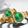 Reloj de Pareja Calendario de Negocios Dawn con Correa de Acero y Diamantes en Oro Verde, Transmisión en Vivo Transfronteriza, Venta al por Mayor de Fabricante, Relojes de Pareja para Hombre y Mujer