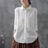 Estilo Novo Primavera e Outono Camisa de Manga Longa Bordada 100% Algodão Feminina Solta e Versátil Casual Gola Lapela Top Camisa Branca