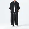 Traje Casual Deportivo de Algodón y Lino para Hombre Estilo Chino Verano 2026, Absorbente de Sudor y Transpirable, Estilo Japonés, Talla Grande, Conjunto Holgado de Dos Piezas