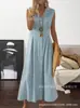 Falda Larga de Mujer para Exportación Europea y Americana 2023 Aliexpress Amazon Vestido de Cuello de Solapa Color Liso Botones Sin Mangas Dobladillo Completo