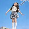 Conjunto de Roupa de Verão para Meninas Manga Curta Conjunto de Saia Doce Versátil Estilo Escolar para Meninas Gola POLO Saia Xadrez