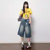 Shorts de Mezclilla Vintage Azules Desgastados Lavados en Blanco Cortos para Mujer, Otoño 2026 Nuevos de Cintura Alta Sueltos Casuales de Pierna Ancha