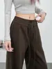 Calça casual cáqui estilo americano para mulheres, novo modelo outono 2026, cintura alta, cordão, modelagem solta, calça esportiva de perna larga