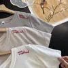 Camiseta Top Casual de Manga Curta com Gola Redonda, Bordado de Letras, Textura de Bambu, Respirável, Amiga da Pele, Algodão Orgânico de Cânhamo, Estilo Japonês