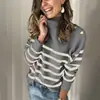 Novedad de Otoño e Invierno Ropa de Mujer Transfronteriza Europea y Americana Estación Independiente Suéter de Punto Rayado de Cuello Semialto Suéter de Punto con Botones para Mujer