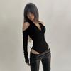 Top de moda de manga larga plisado con cuello en V negro sexy de calle europea y americana para primavera, otoño e invierno, recién llegado, con cuello sin espalda, estilo Spice Girls