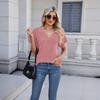 Primavera 2025 Novos Produtos Europeus e Americanos Transfronteiriços Amazon TEMU Explosões Camiseta Casual Solta Feminina Cor Sólida Gola V Manga Curta