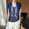 Novedad Primavera/Verano 2026 Seda Helada Cuello en V Bufanda de Seda Tejido de Punto Manga Corta Mujer Color Sólido Holgado Jersey Camiseta Base Camiseta