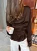 Blusa Irregular com Amarração na Cintura Cor Marrom Escuro, Estilo Europeu e Americano Outono/Inverno para Mulheres, Elegante e Simples, Versátil para o Trabalho