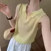 Camiseta sin mangas de punto de seda helada color rosa palo con diseño calado en V para mujer, top tipo polo sin mangas de verano estilo francés con temperamento