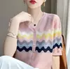 Cárdigan de Punto Corto con Cuello en V, Moderno y Juvenil, para Mujer, Nuevo Verano 2026, Camiseta Fina Adelgazante con Rayas Arcoíris, Camisa de Aire Acondicionado