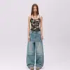 Jeans Anchos de Pierna Recta con Parches Naranja Infantil Estilo Americano High Street, Línea Dividida, Corte Holgado, Adelgazantes, Versátiles, Pantalones de Pierna Recta con Bolsillo Falso para Mujer.
