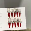 Uñas Portátiles Puramente Hechas a Mano, Piezas de Manicura Larga de Gama Alta para Otoño e Invierno Rojas de Año Nuevo con Diamantes y Parches de Uñas Postizas Brillantes