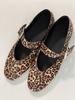 Sapatos Femininos de Couro Genuíno Pelo de Cavalo Estampa de Leopardo Solteiro 2025 Primavera/Verão Bico Quadrado Raso Mary Jane