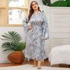 Amazon Transfronterizo Ropa de Dormir para Mujer Tallas Grandes Europea y Americana Satín Imitación Seda Estampada Oversize Bata de Baño de Manga Larga para Mujer
