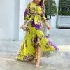 Vestido longo casual de verão europeu e americano transfronteiriço para mulheres, com estampa, ombros à mostra, amarração na cintura e barra godê