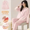 Pijama de algodão puro com bojos no peito para evitar transparência, roupa pós-parto para mulheres, cardigã com gola virada, conjunto de loungewear casual e confortável para maternidade